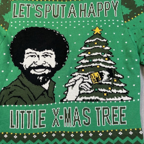 Bob Ross Painting Ugly Christmas Sweater Happy Little Xmas Trees Size Medium New - Picture 2 of 5